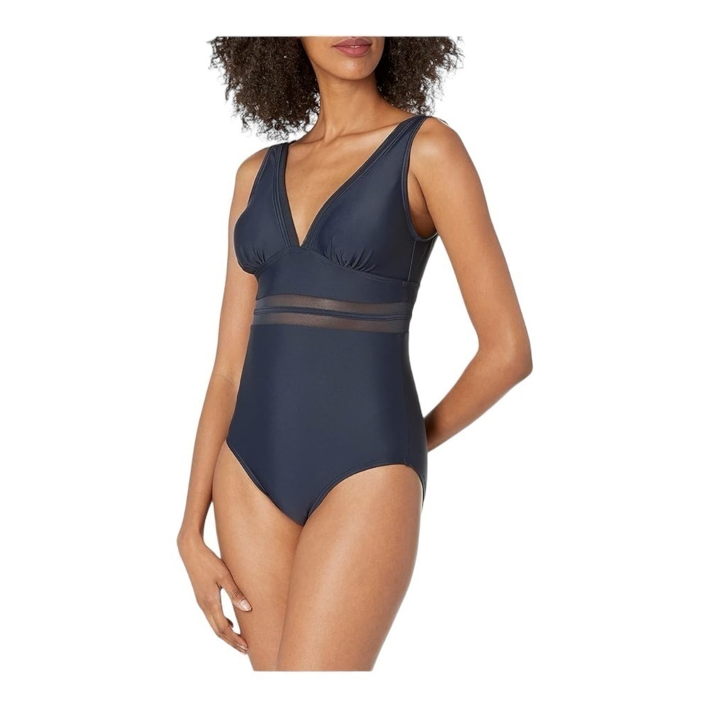 Tommy Hilfiger Mesh-Trim Plunge One Piece Swimsuit in Navy NWOT